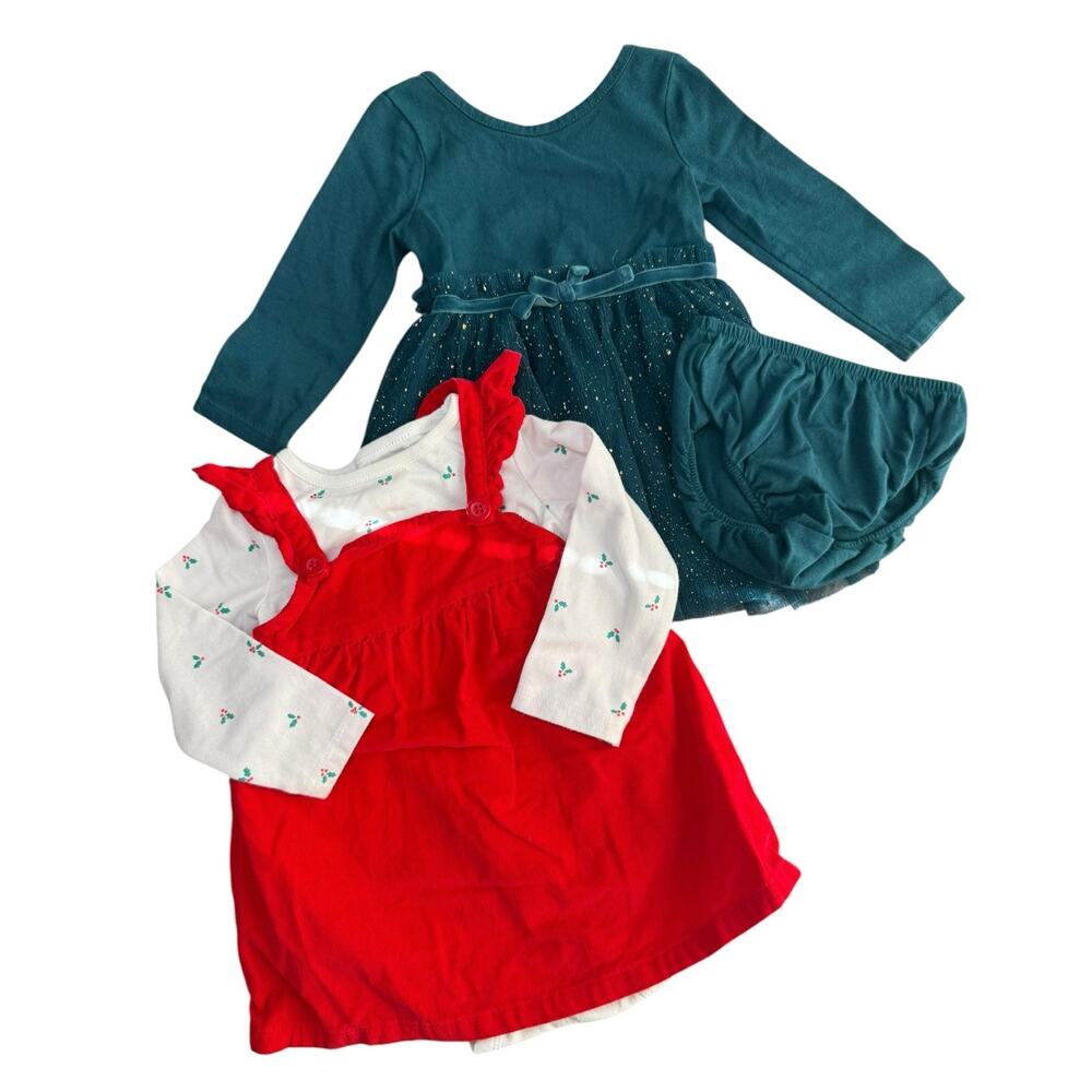 Cat and Jack Christmas Dress Bundle Set Girls Red Green 12 Months